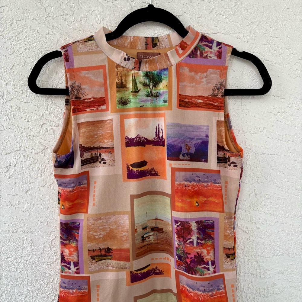 33 Coastal Mesh High Neck Colorful Beach Scene Graphic Tank Top Medium - Picture 2 of 12